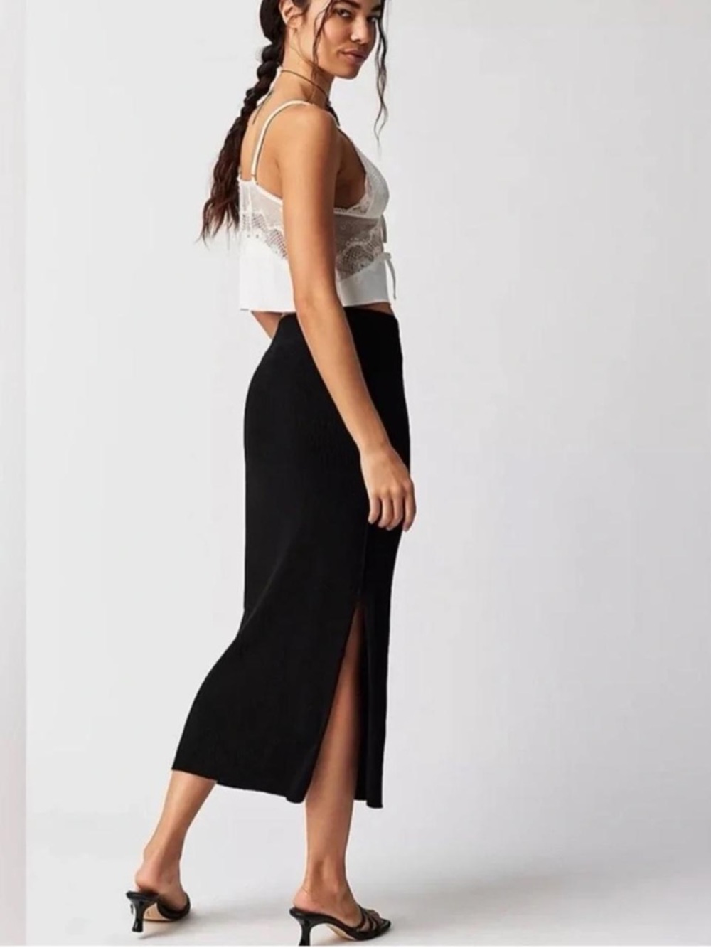 Free People Black Ribbed Skirt with Side Slit M